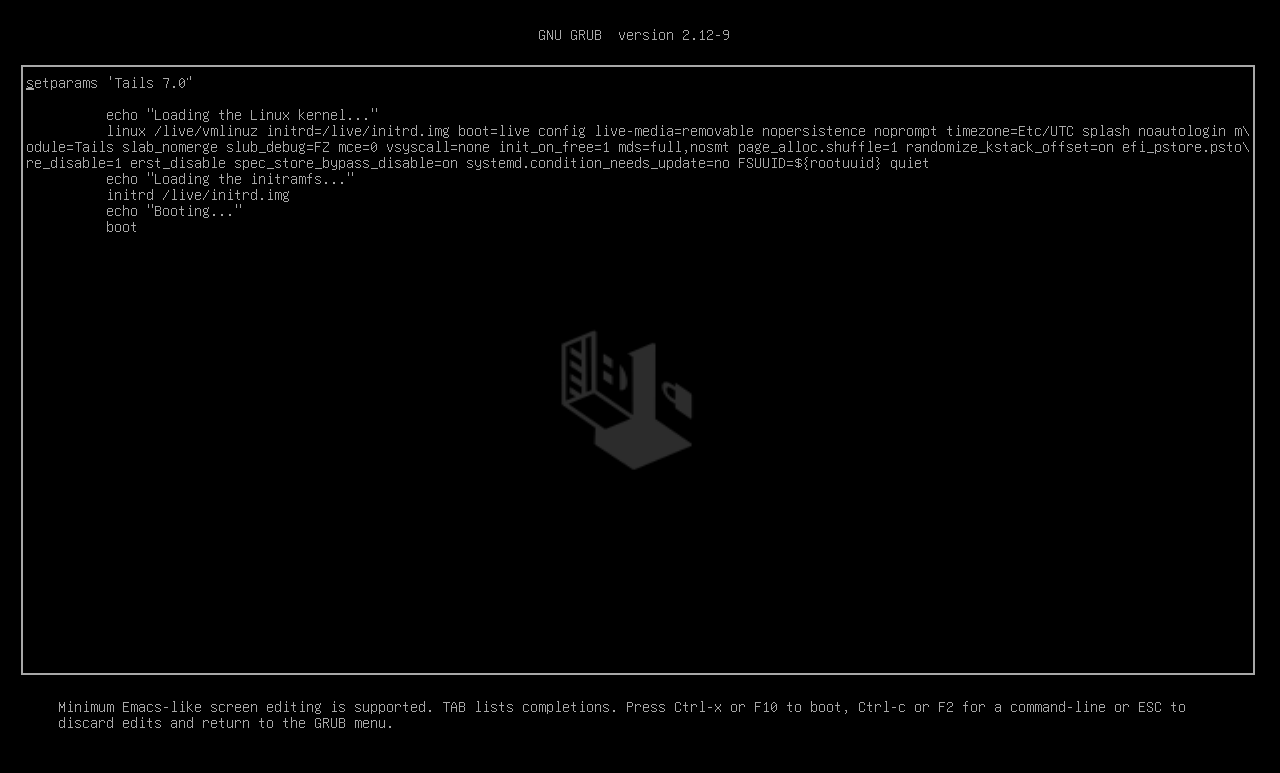 GRUB with a list of
options starting with 'setparams Tails'